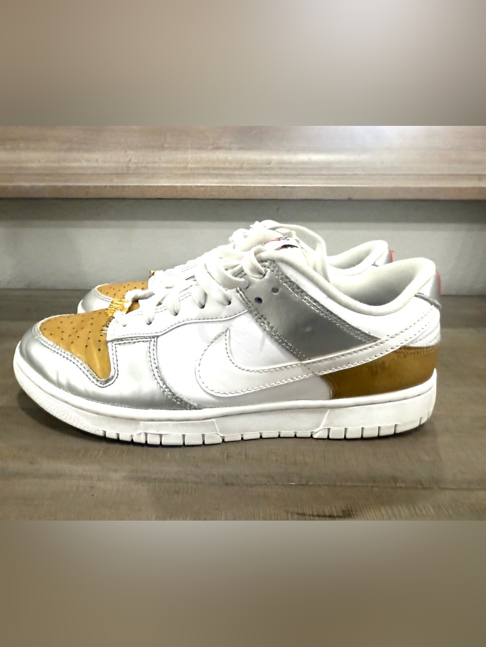 Nike Dunk Low Metallic Gold Silver White Sneakers Women’s Size 8.5